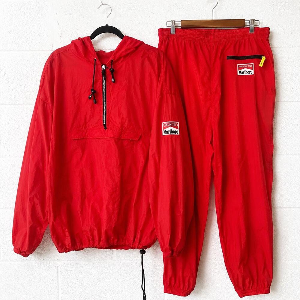 Vintage 90s Marlboro Adventure Team Tracksuit Set Red Nylon Windbreaker XL/XXL